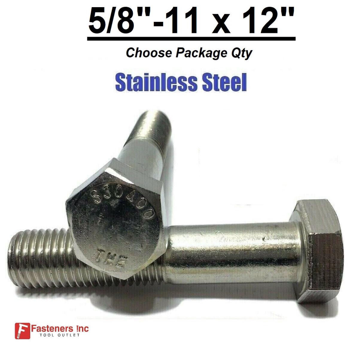 5/8″-11 x 12″ Stainless Steel Hex Cap Screw / Bolt 18-8 / 304