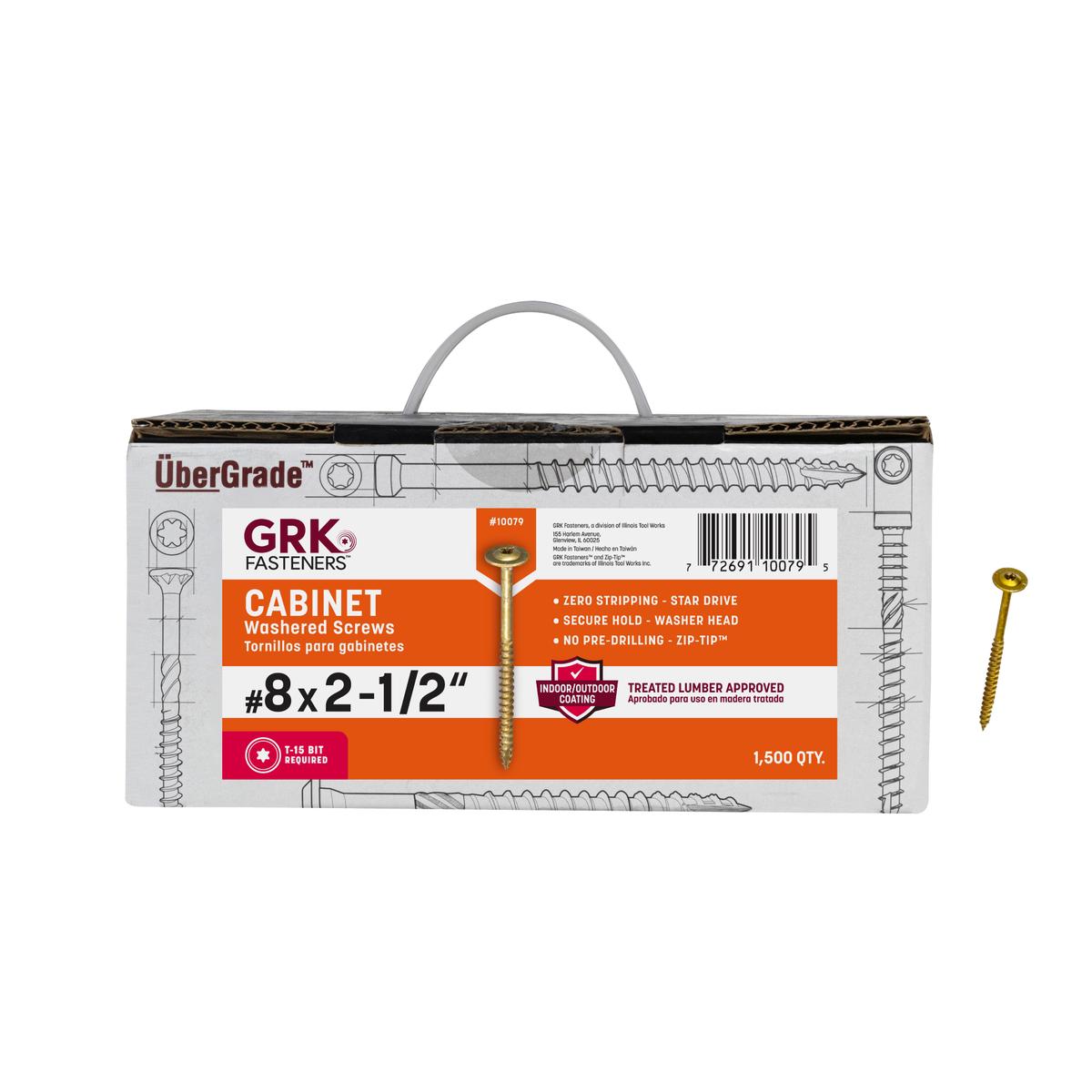 GRK Fasteners #8 x 2-1/2 Inch Low-Profile Cabinet Screws, 1500 PCS, Indoor/Outoor Climatek Coating, Washer Head for Strong Hold, W-Cut Fast Drive Threads, Star Drive Recess, Gold