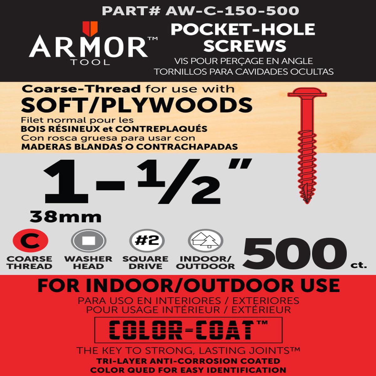 Armor Color-Coated Pocket Hole Screws (Fine & Coarse – 3/4″, 1″, 1-1/4″, 1-1/2″, 2″,2-1/2″) – 1-1/2″ | 250 | Fine