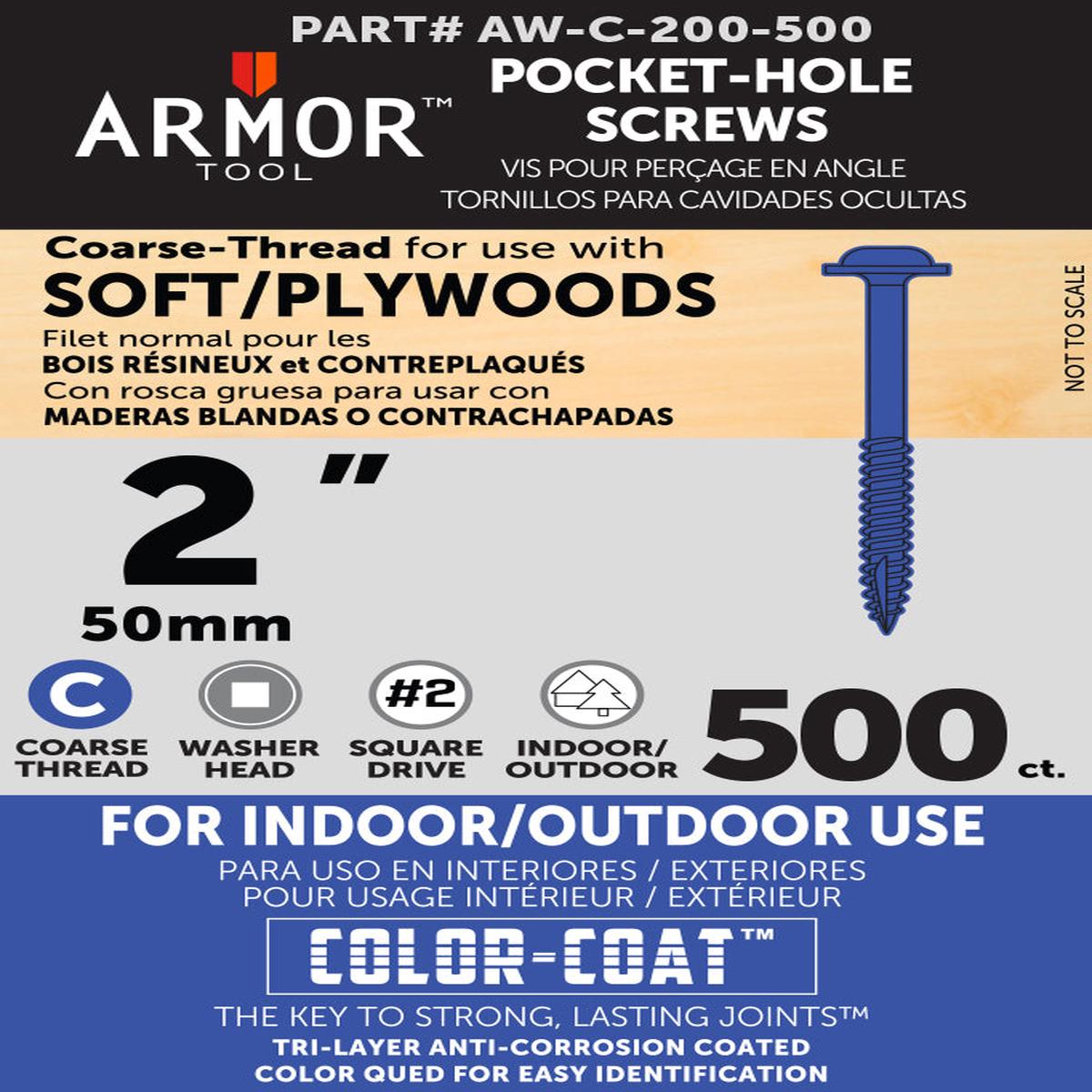 Armor Color-Coated Pocket Hole Screws (Fine & Coarse – 3/4″, 1″, 1-1/4″, 1-1/2″, 2″,2-1/2″) – 2″ | 200 | Fine