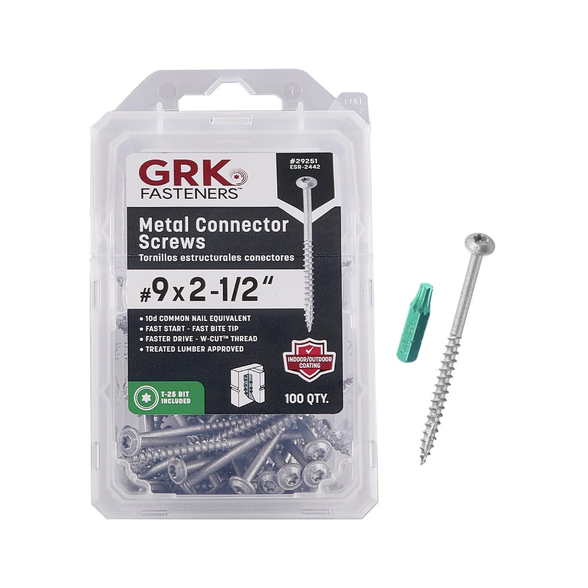GRK Fasteners #9 x 2-1/2 Inch Metal Connector Screws, 100 PCS, for Joist Hangers, Metal Straps, & Post Caps/Bases, Equivalent to 10d Nail, Climatek Coating, & T-25 Star Drive Recess