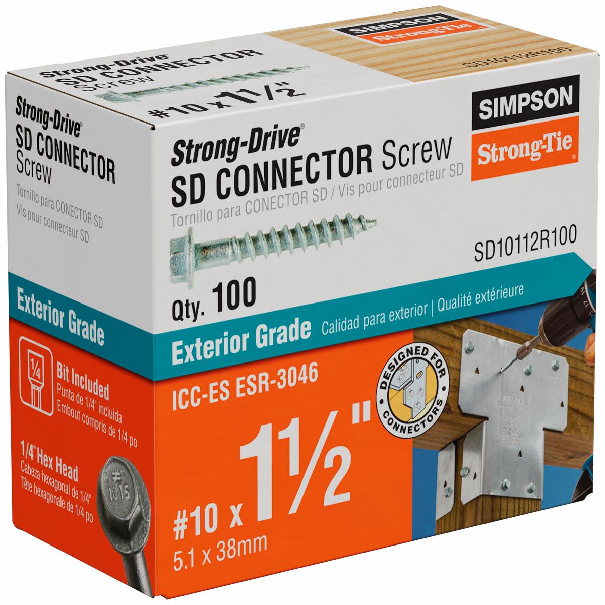 Simpson SD10112R100 Strong-Drive SD CONNECTOR Screw #10 x 1-1/2 in. 1/4-Hex Drive, Mech. Galv.