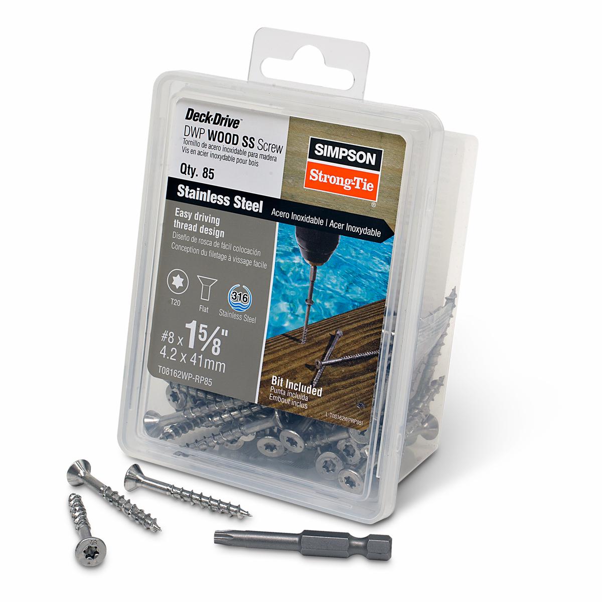 Simpson T08162WP-RP85 Deck-Drive DWP WOOD SS Screw #8 x 1-5/8 in. T20, Flat Head, Type 316