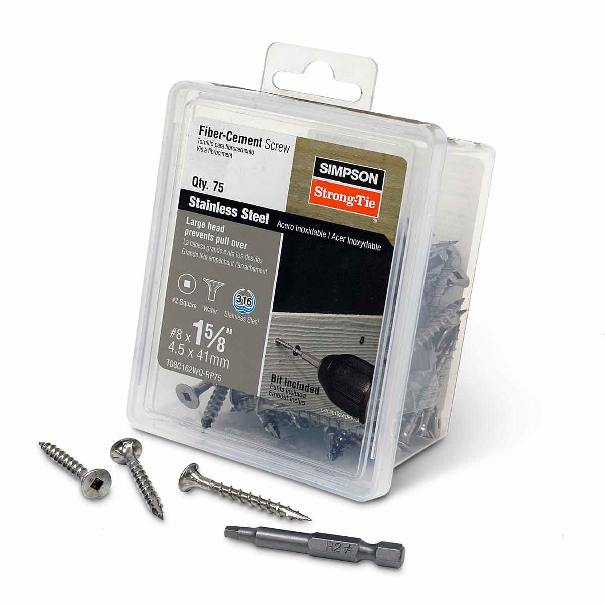 Simpson T08C162WQ-RP75 Fiber-Cement Screw #8 x 1-5/8 in. #2 Square Wafer-Head, Type 316