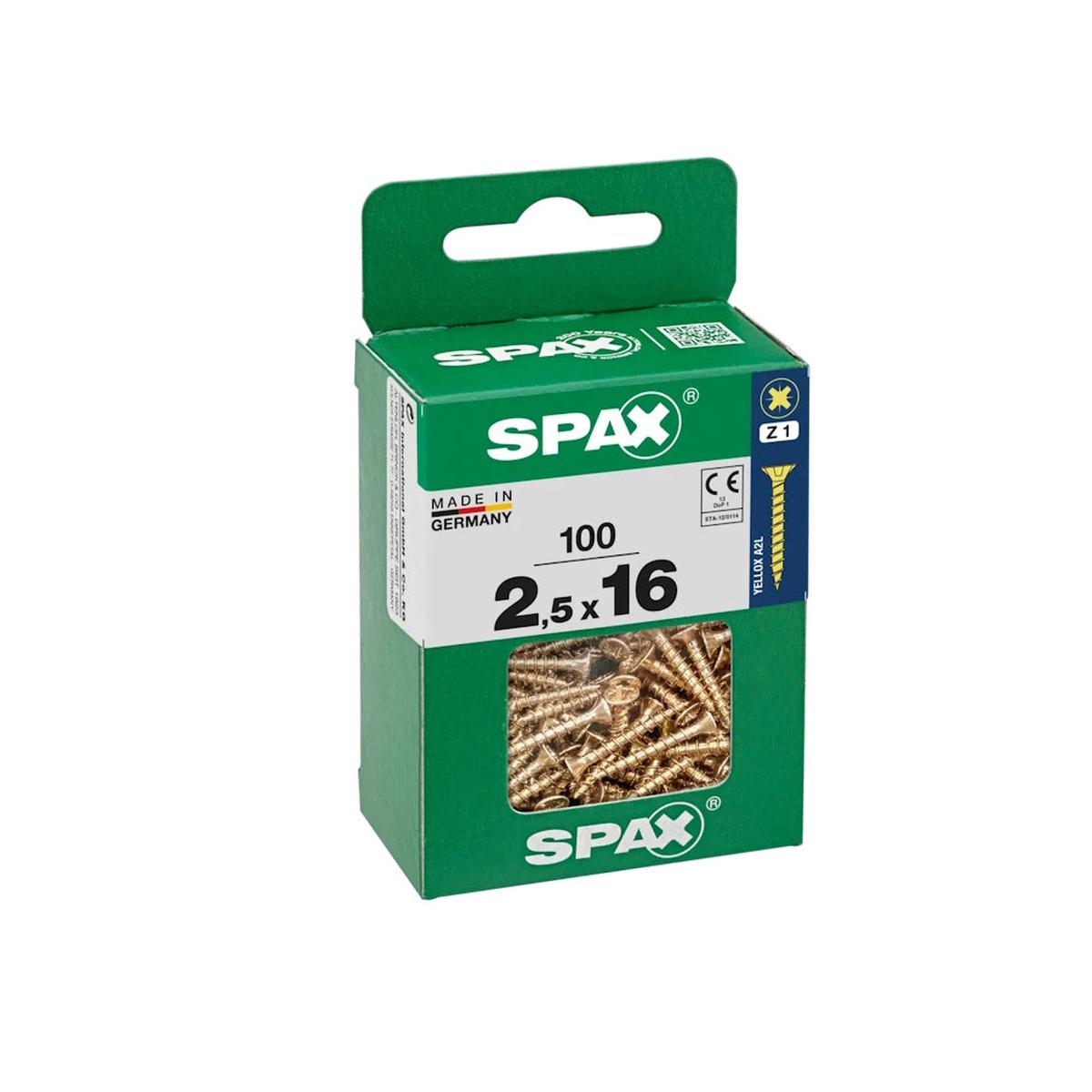 Spax Pozi Flat CSK Yellox Coated 2.5 x 16mm PZ1 – Pack of 100 – 4081020250162