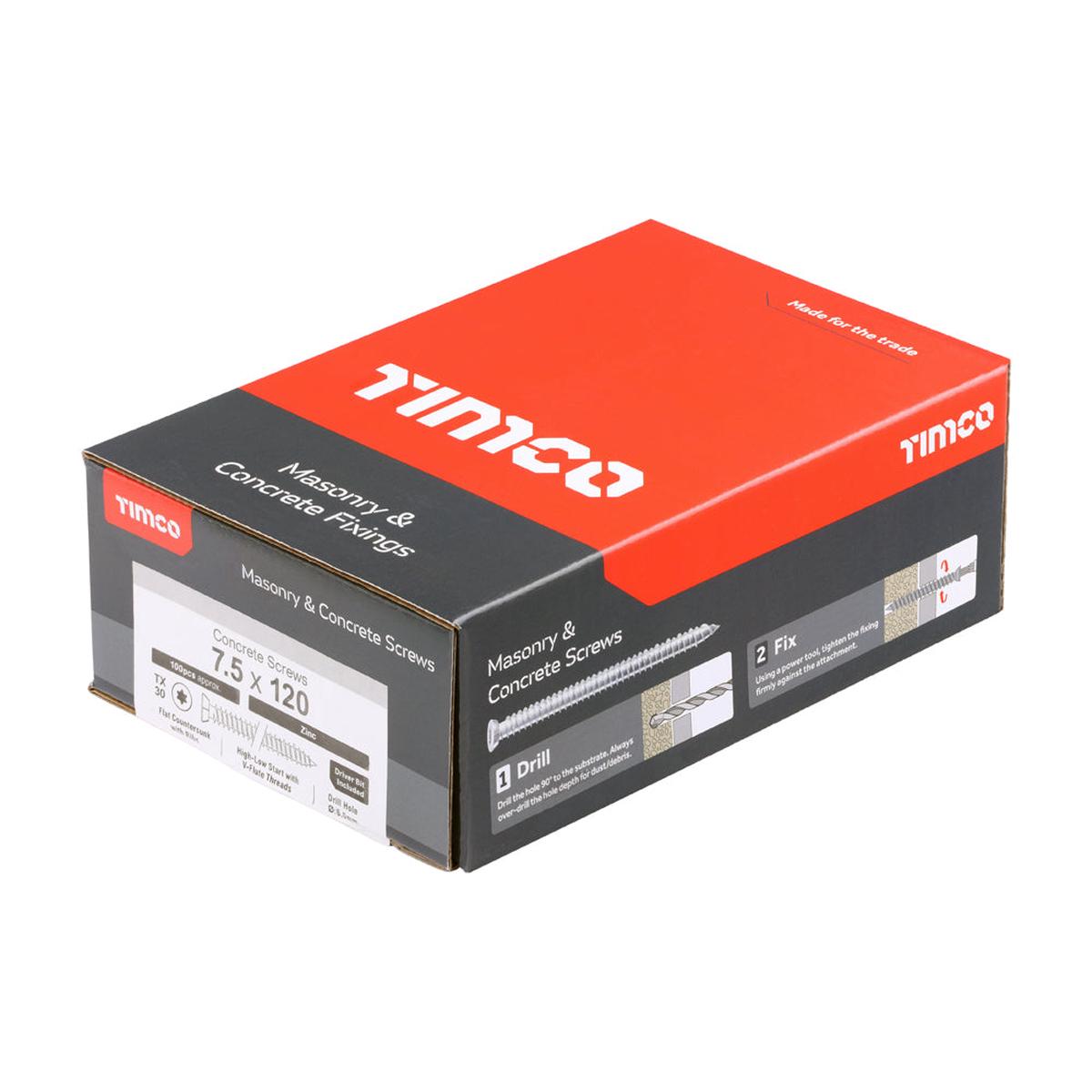 TIMCO 7.5 x 120mm Concrete & Masonry Screws – TX – Flat Countersunk – Zinc – Box of 100