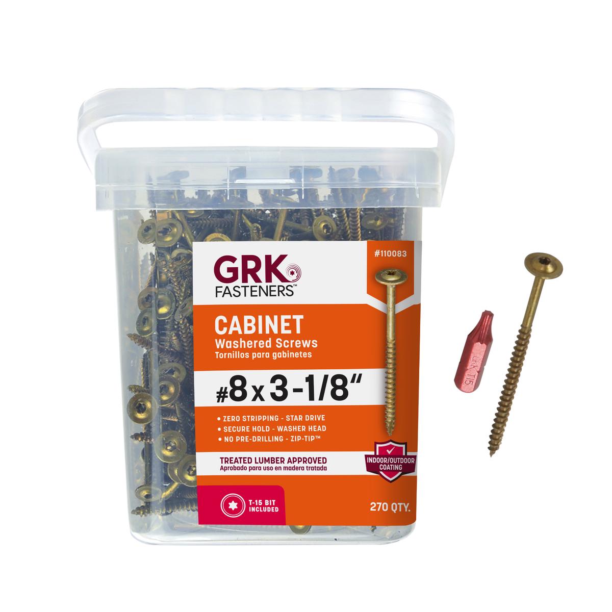 GRK Fasteners #8 x 3-1/8 Inch Low-Profile Cabinet Screws, 270 PCS, Indoor/Outoor Climatek Coating, Washer Head for Strong Hold, W-Cut Fast Drive Threads, Star Drive Recess, T-15 Bit Included