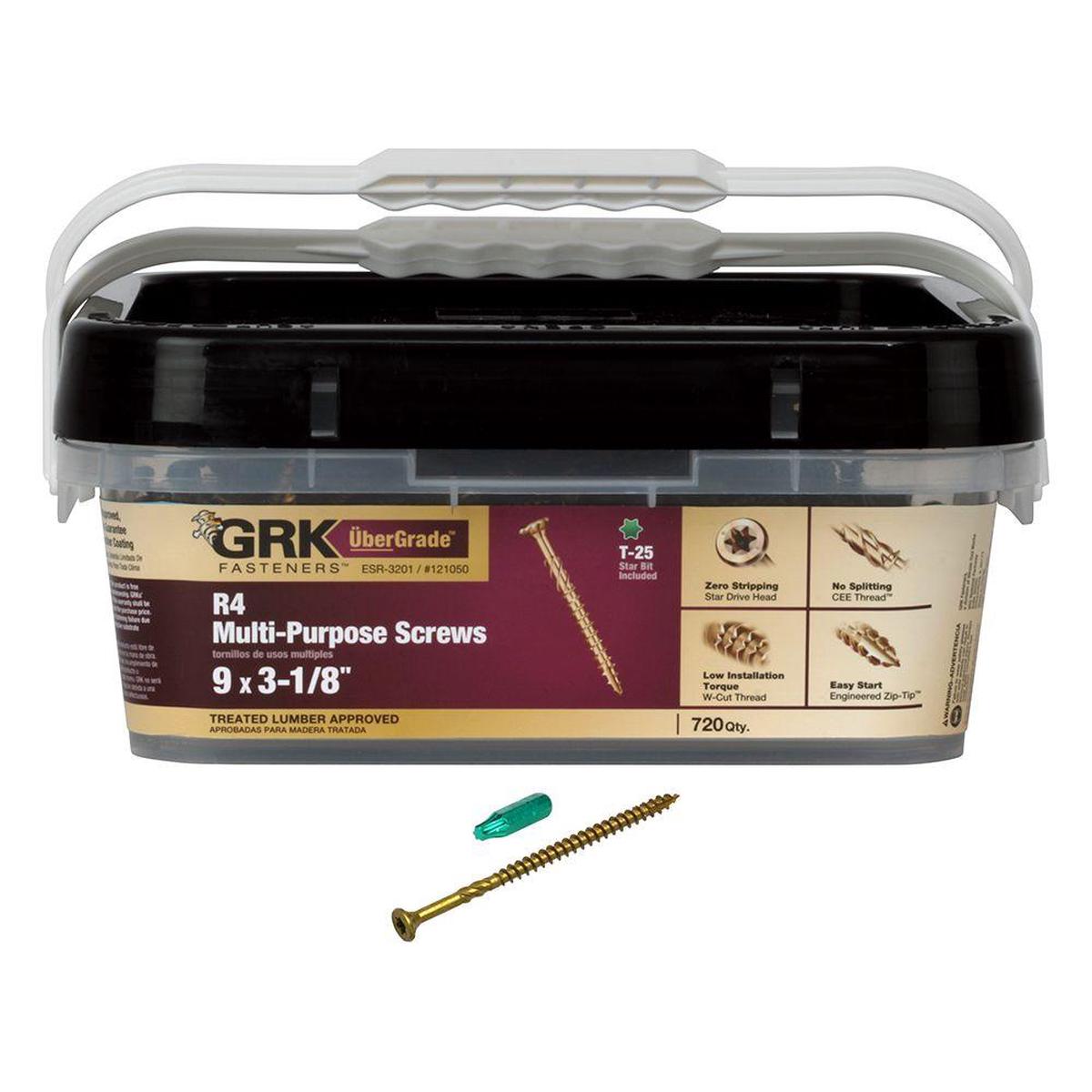 GRK Fasteners R4 #9 x 3-1/8 Inch, Multi-Purpose Framing Screws, 720 PCS, Rust Resistant Climatek Coating, Outdoor Fencing and Deck Screws, Fast Bite Tip, Star Drive Recess, T-25 Bit Included
