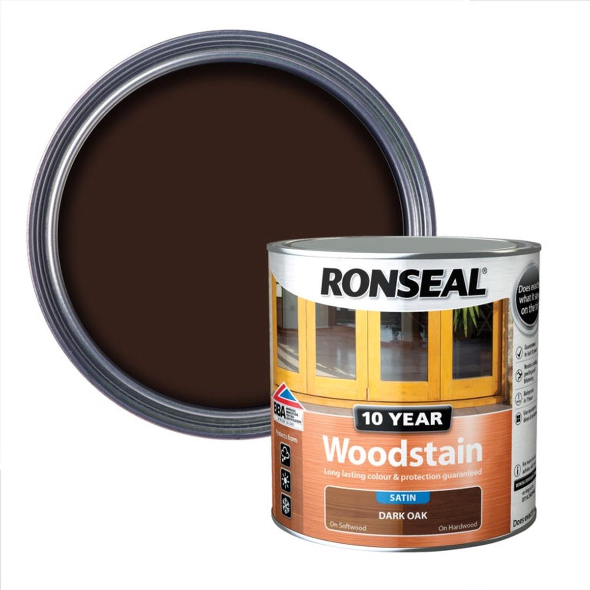 Ronseal 10 Year Woodstain  Long-Lasting Protection for Exterior Wood – Dark Oak Satin 2.5L