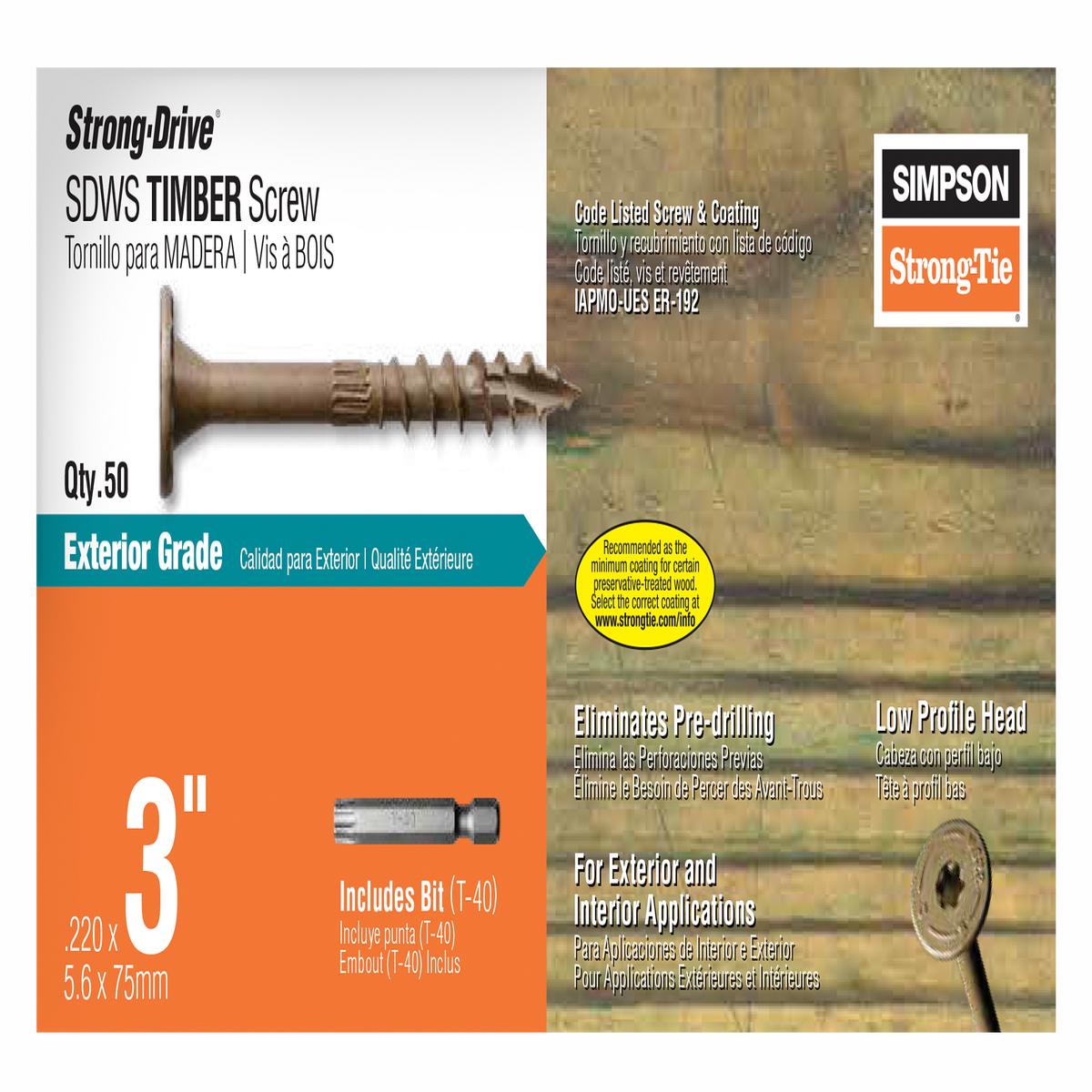 Simpson SDWS22300DB-R50 Strong-Drive SDWS TIMBER Screw 0.220 in. x 3 in. T40, Tan