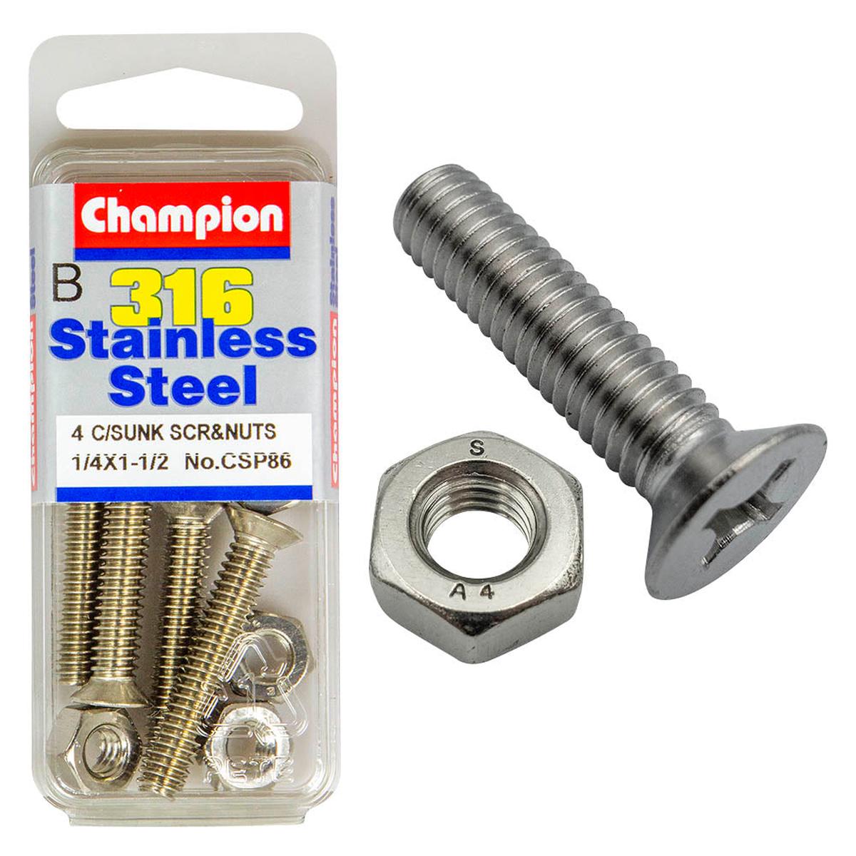 Champion - Machine Screws & Nuts-CSK-Phillips-Stainless Steel-1/4"x1-1/2"-316/A4 | CSP86