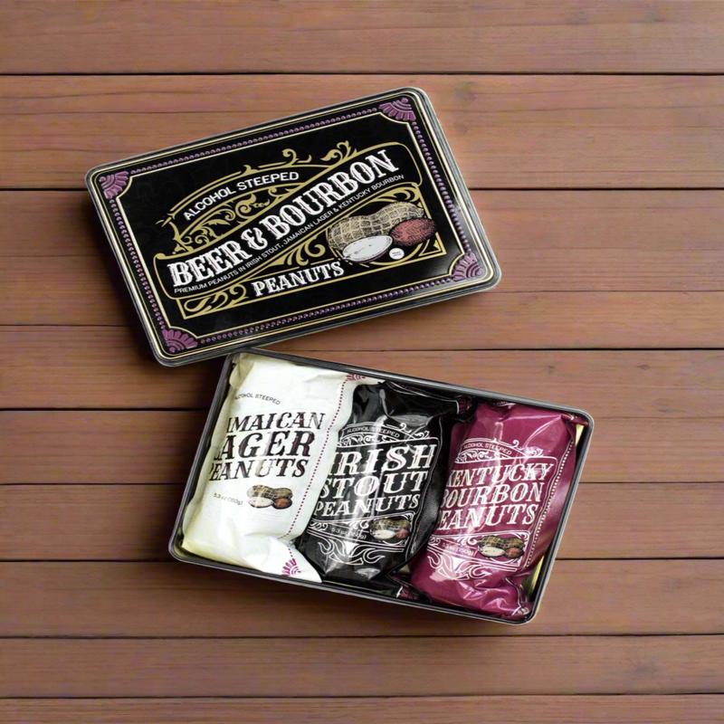 Beer & Bourbon Liquor Peanuts Gift Tin  Gourmet Snack Trio