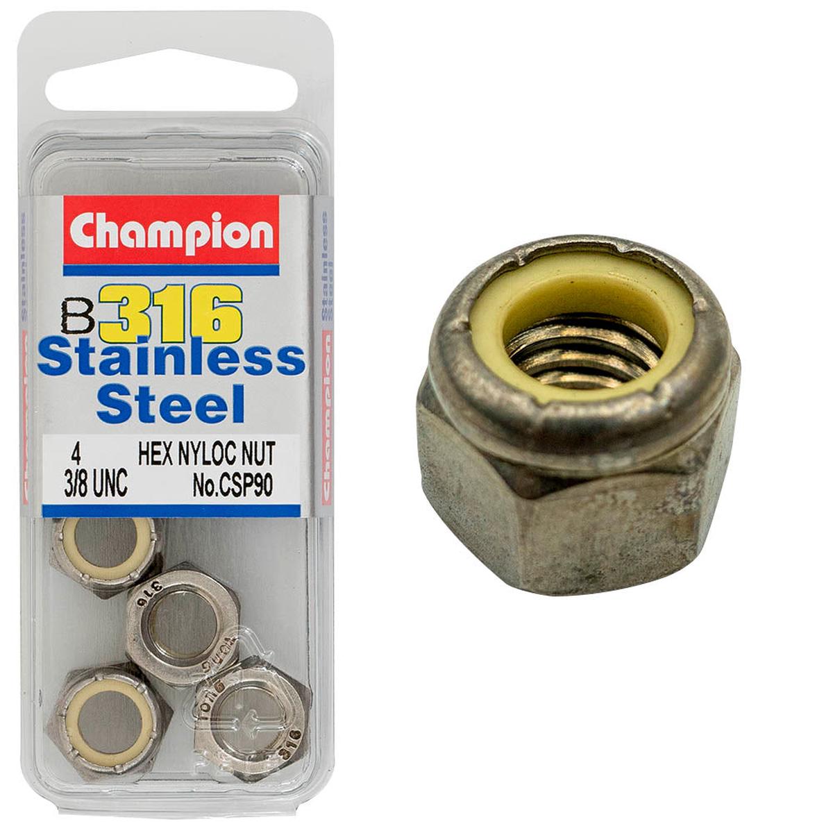 Champion - Hex Nuts-Self Locking-Nylon Inserts-Stainless Steel-3/8"-UNC-316/A4 | CSP90