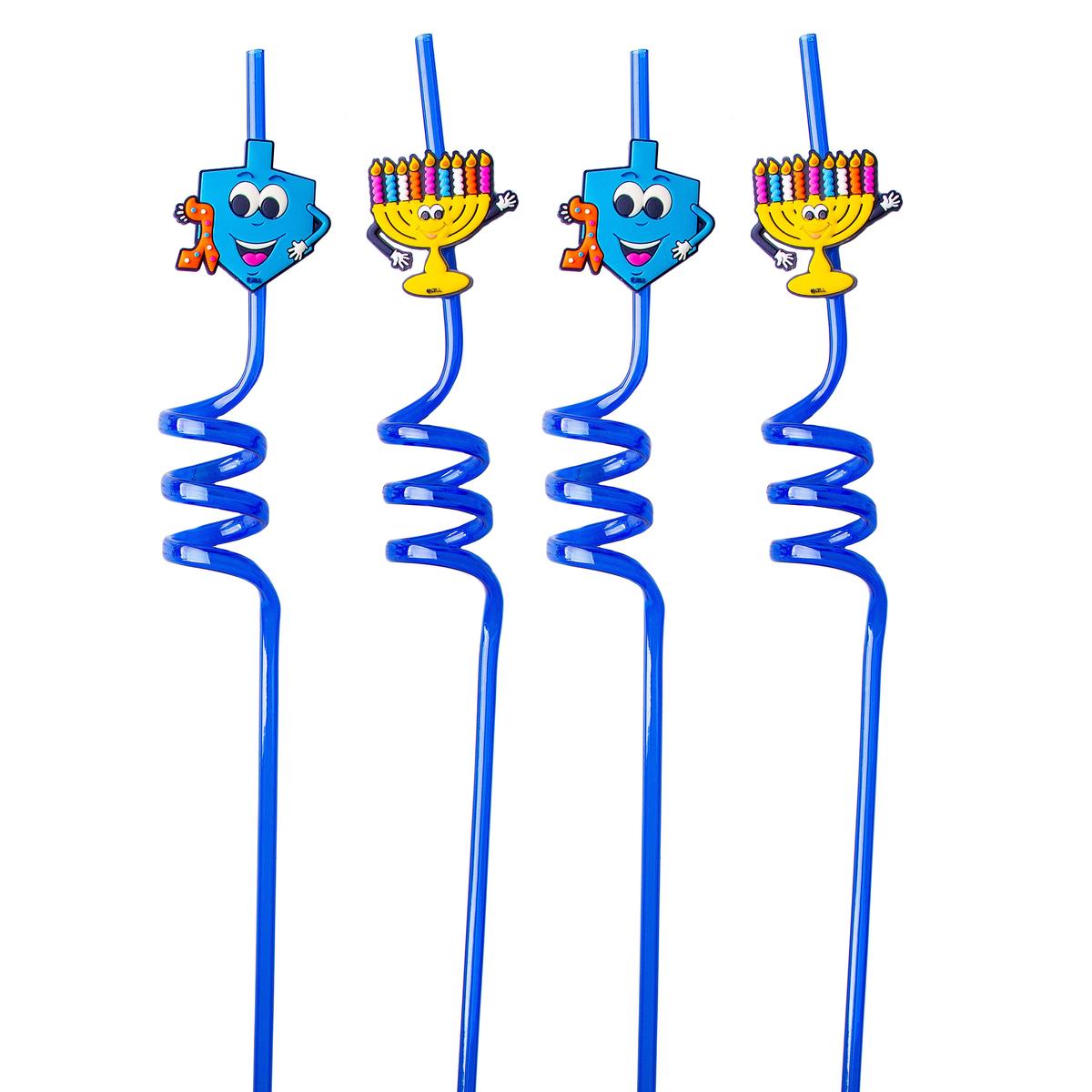 Hanukkah Dreidels and Menorahs Crazy Straws - 4 Pack