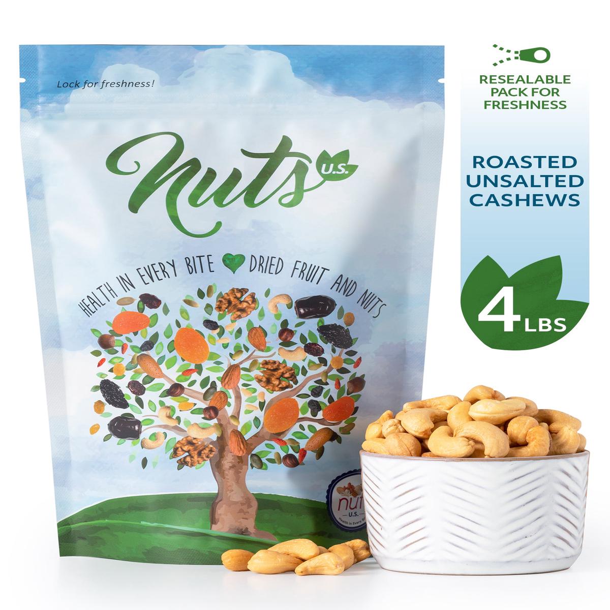 Roasted and Unsalted Cashews  Whole Kernels (80%) and Pieces, Just Right Crispy and Delicious, All Natural - 4 LBS