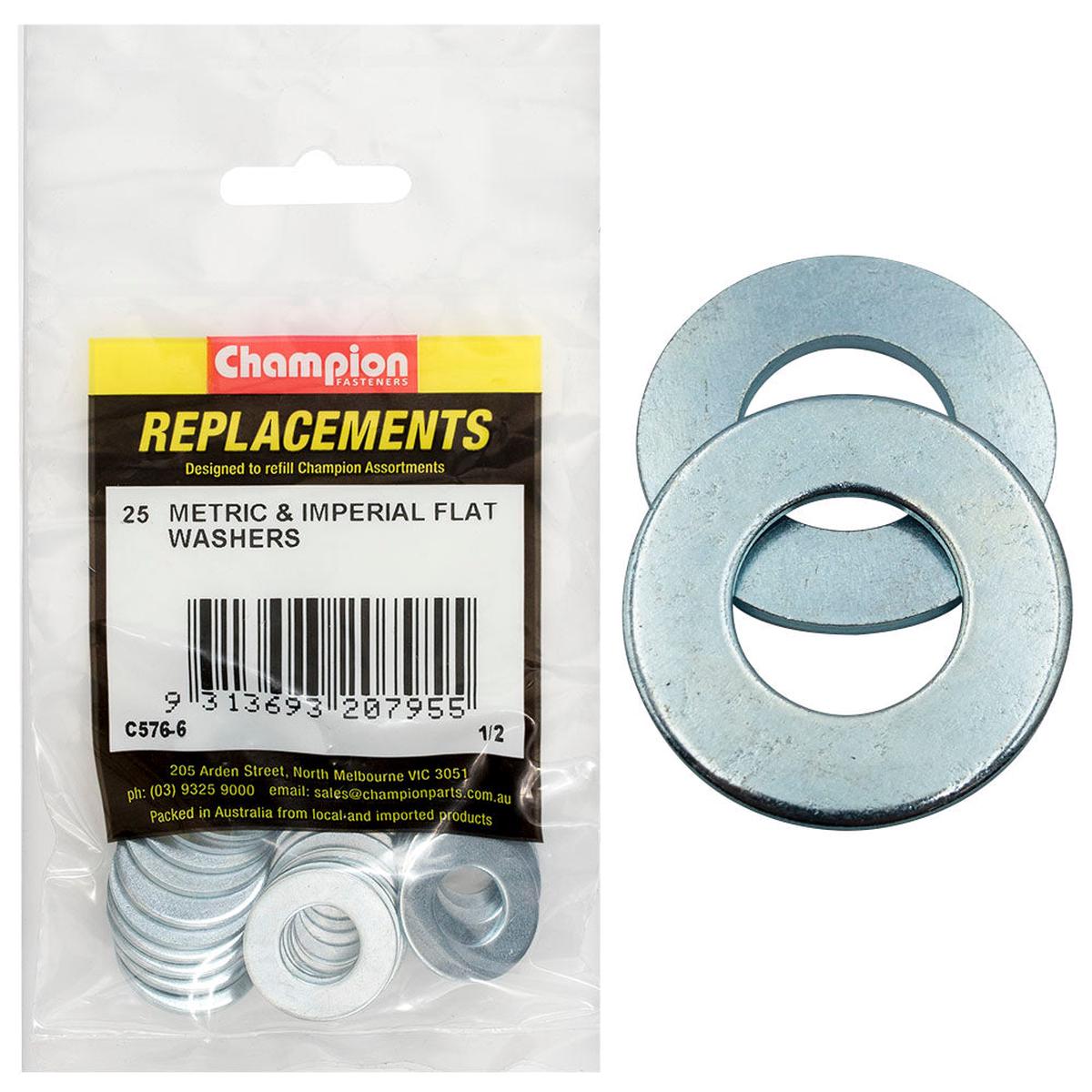 Champion 1/2in x 1in x 16G Flat Steel Washer -25pk