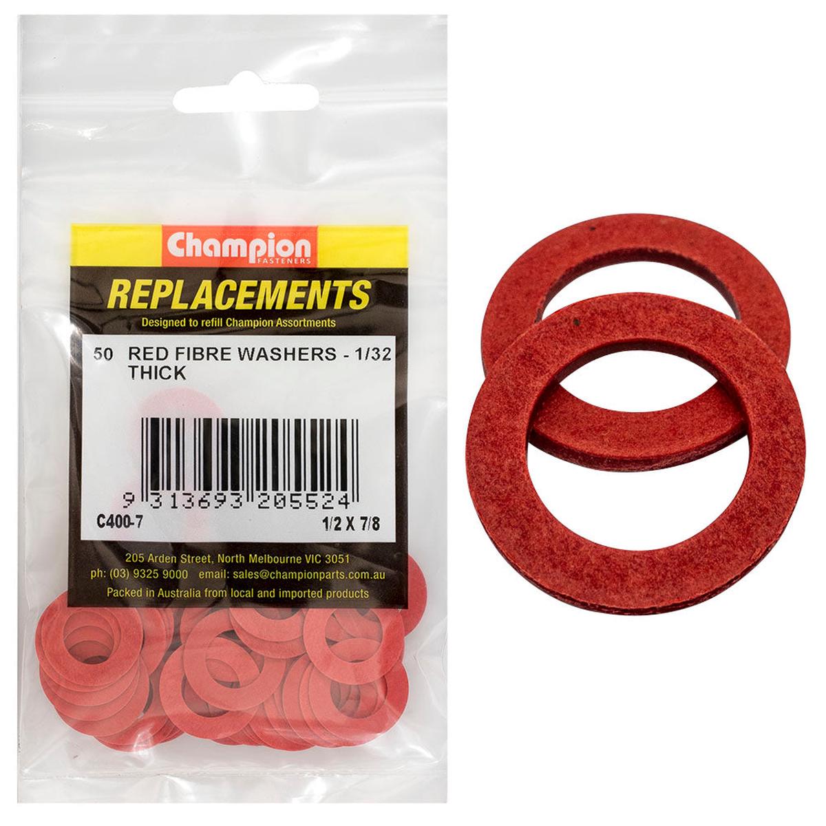 Champion 1/2in x 7/8in x 1/32in Red Fibre Washer -50pk