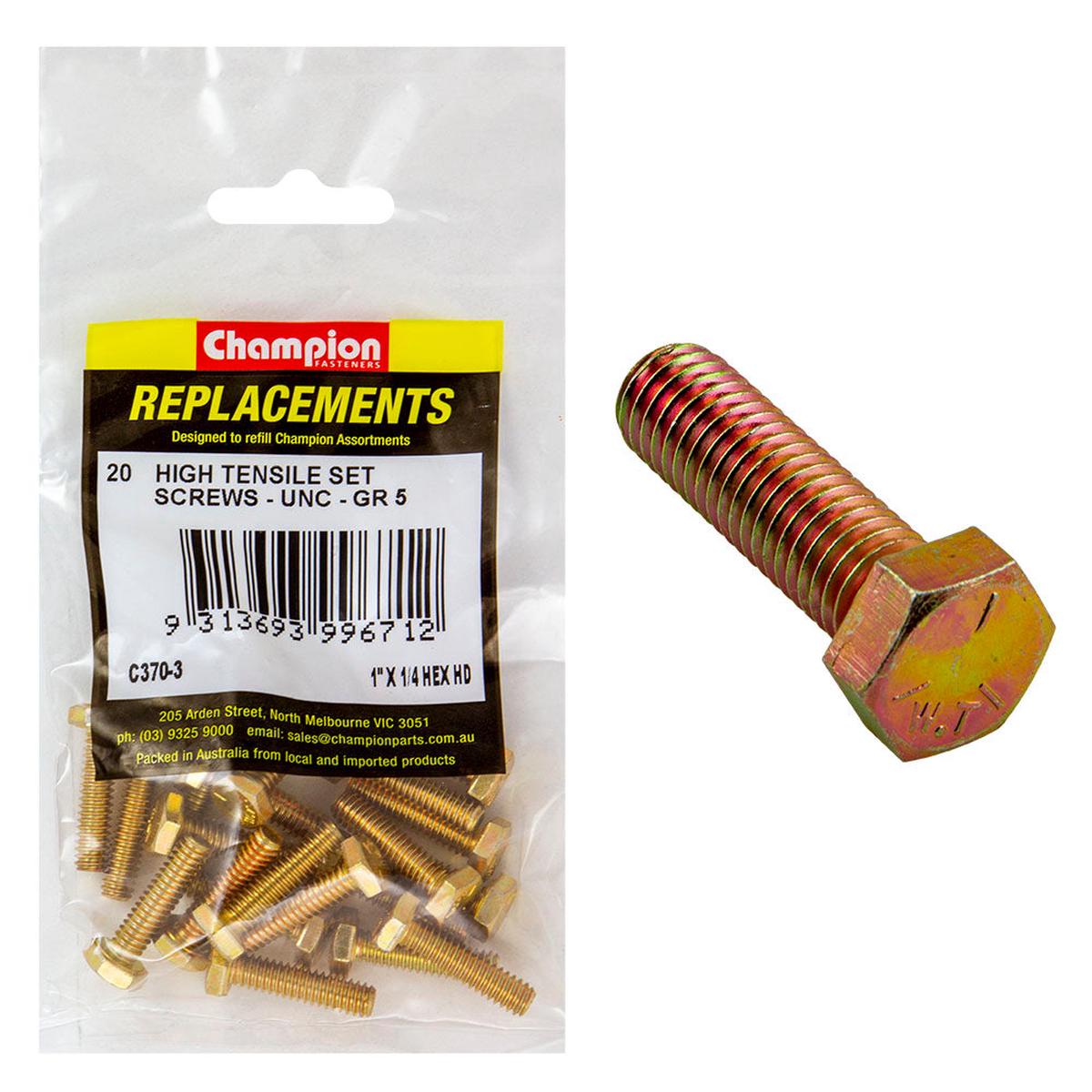 Champion 1/4in x 1in UNC Set Screw -Gr5 -20pk