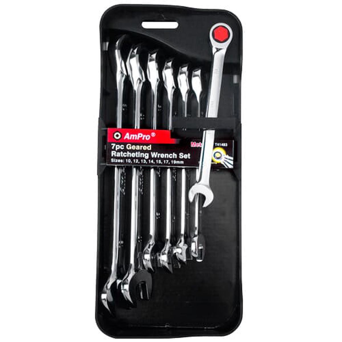 Ampro Geared Wrench Set Offset Mirror Finish 72 Tooth 7Pc 10-19Mm