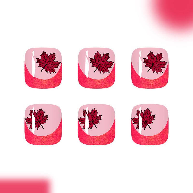 Autumn Inspiration Short Square Pink and Red Press On Toenail Set with Glitter Leaf Design