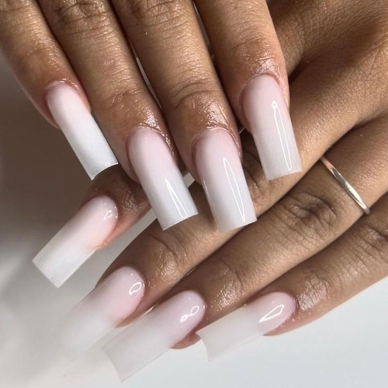 Elegant Dream Ombre Long Square Glossy White Pink Press On Nail Set