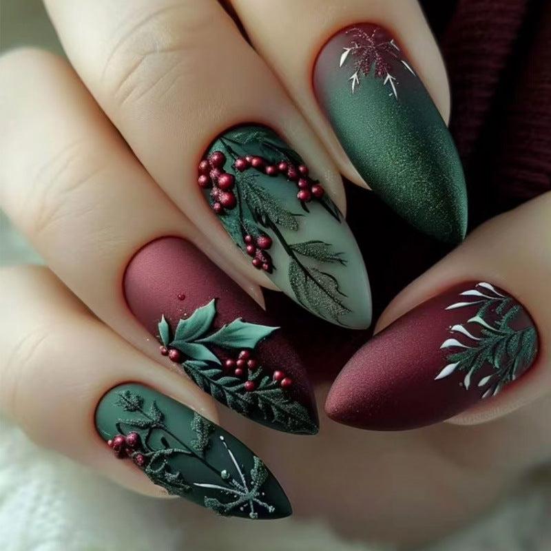 Festive Elegance Medium Almond Shape Matte Green and Burgundy Press on Nail Set with Intricate Holiday Leaf Designs