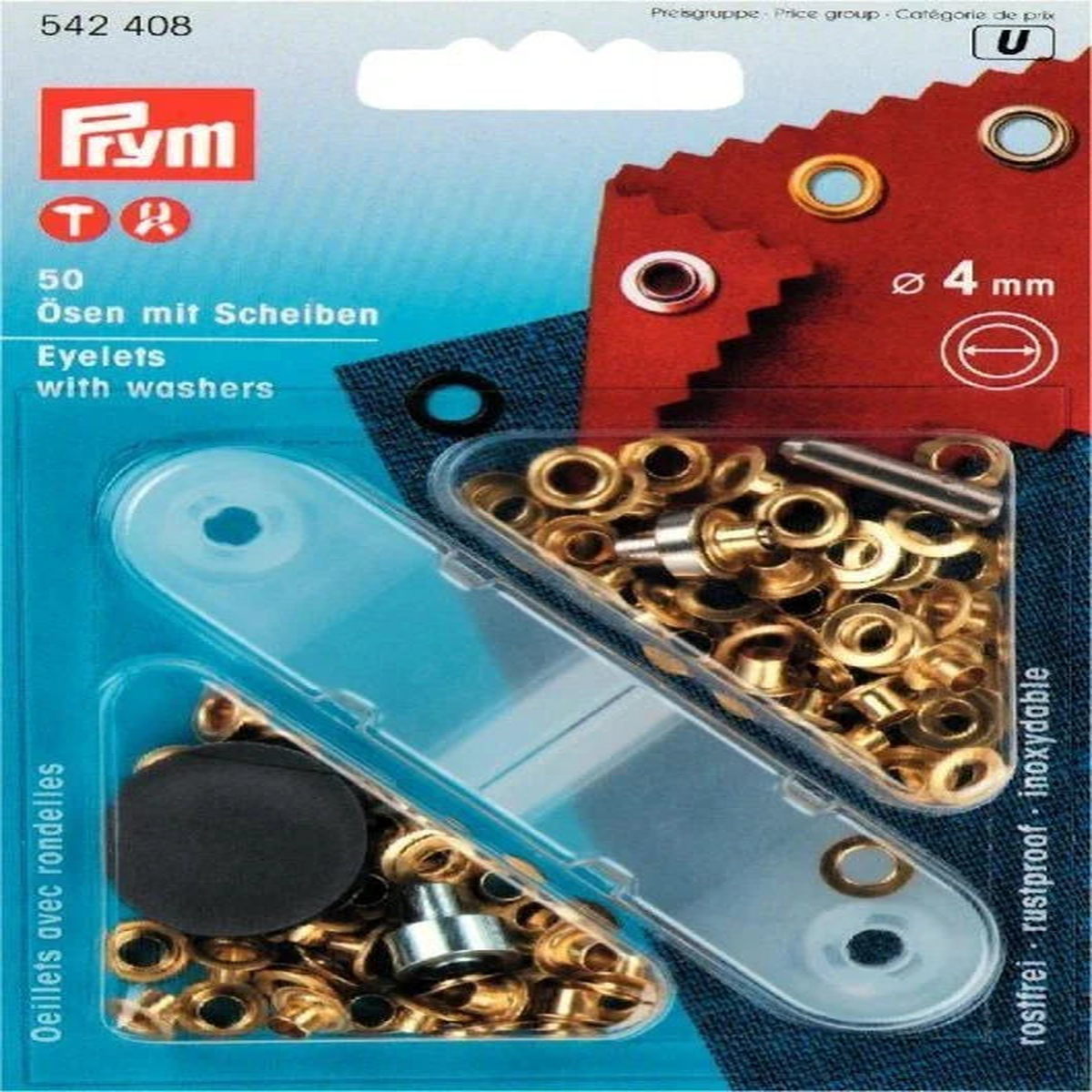 Prym 4mm Eyelets and Washers Kit - 4 Metal Finishes (50 Sets) - Gold