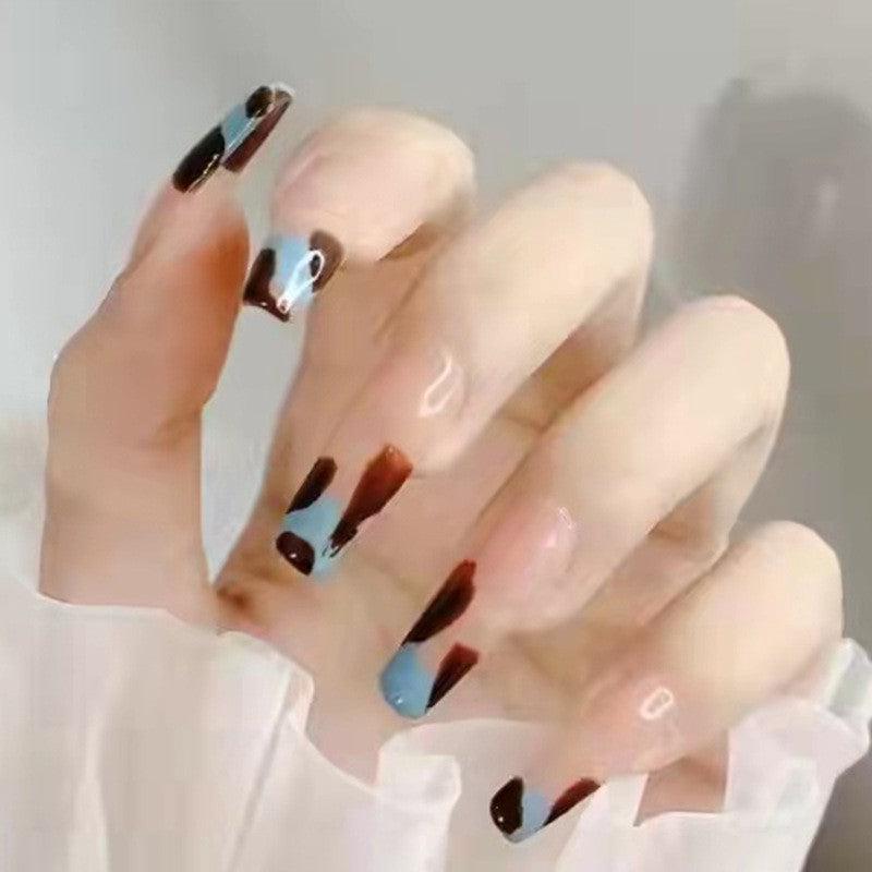Abstract Espresso Long Coffin Beige Press On Nails with Brown and Blue Swirl Accents