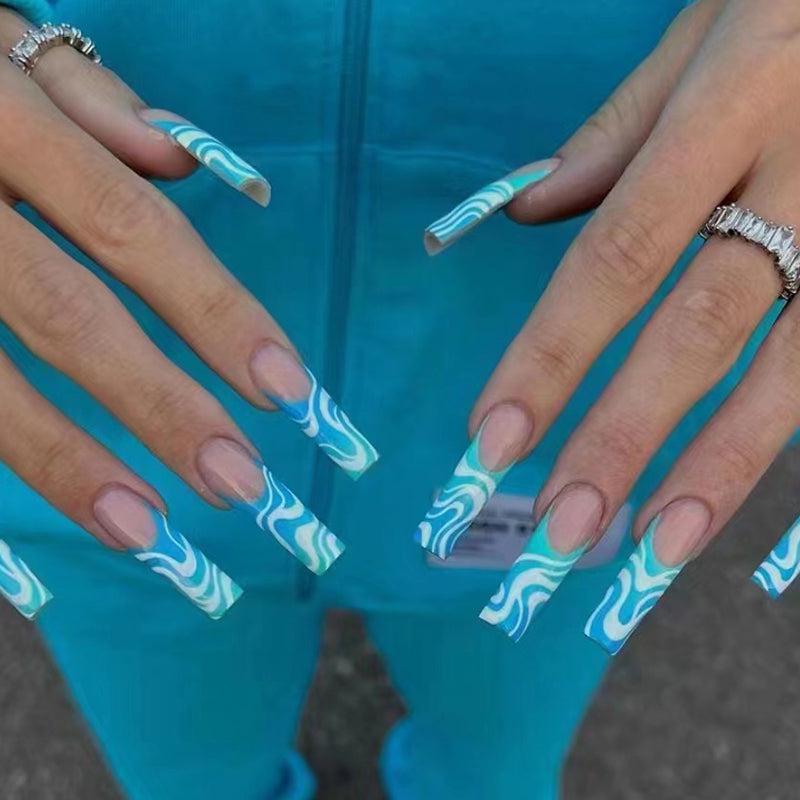 Aqua Swirl Long Square White Teal Wave Press On Nail Set with Marble Design