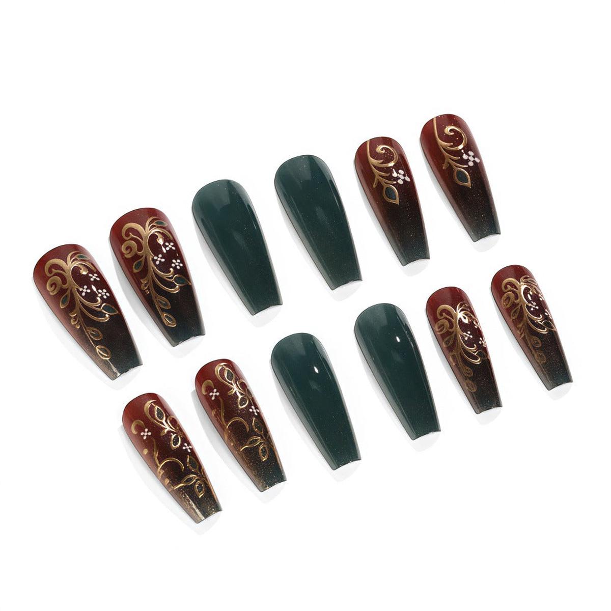Autumn Elegance Long Coffin Shaped Burgundy and Green Press On Nail Set with Intricate Floral Design
