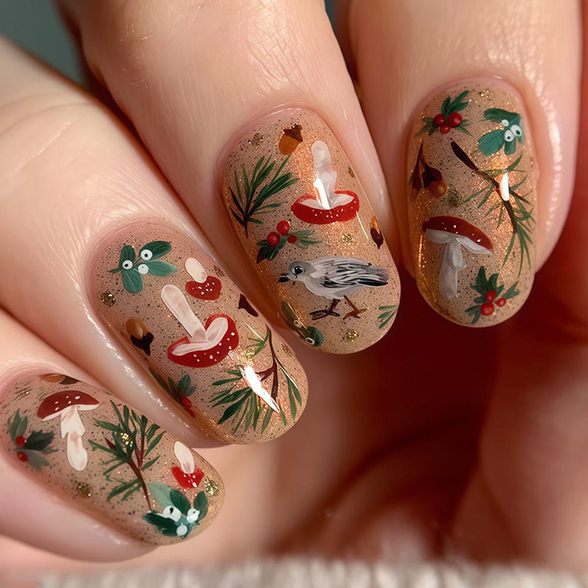 Whimsical Woodland Elegant Long Square Cacao with Nature-Inspired Artistry Press-On Nail Set