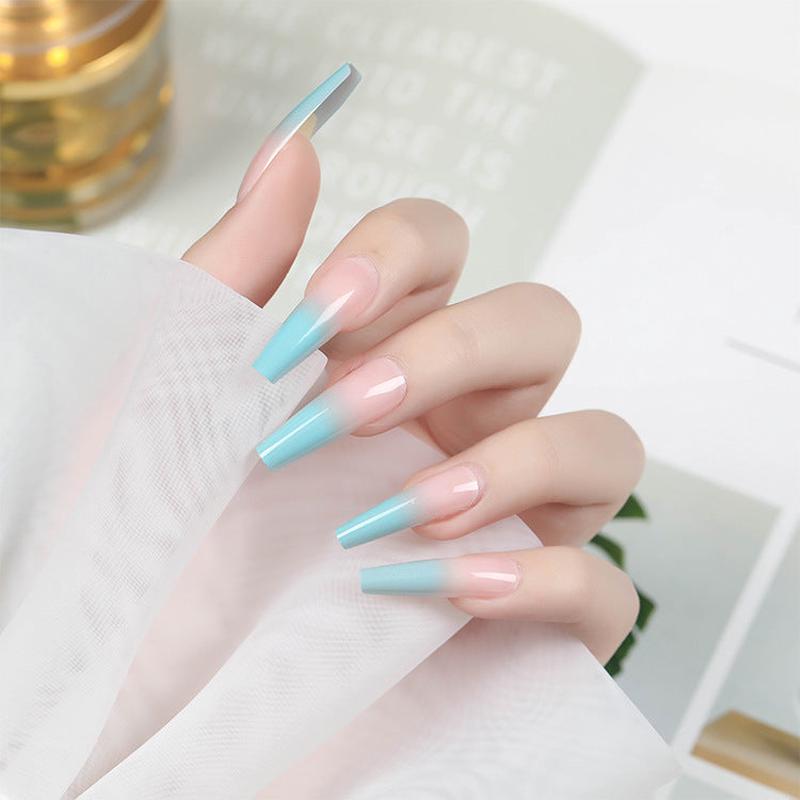 Arctic Ombr Long Coffin Baby Blue & Beige Press On Nail Set with Seamless Gradient Design