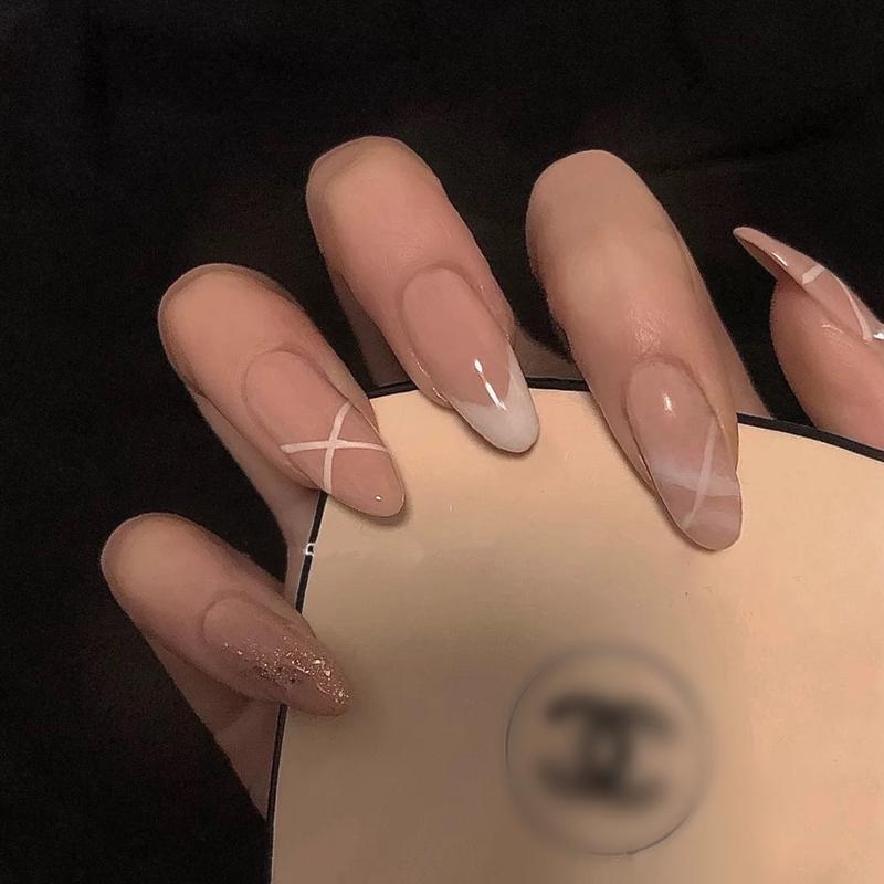 Artsy Marty Long Oval Beige French Tips Press On Nails