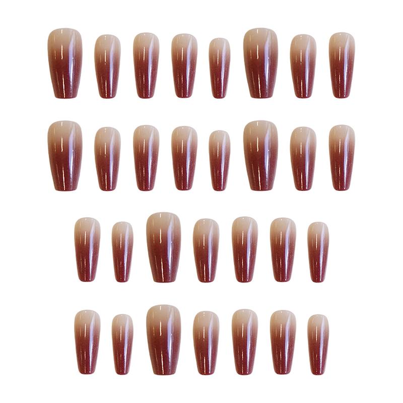 Autumn Elegance Long Coffin Gradient Burgundy Press On Nail Set with Glitter Finish