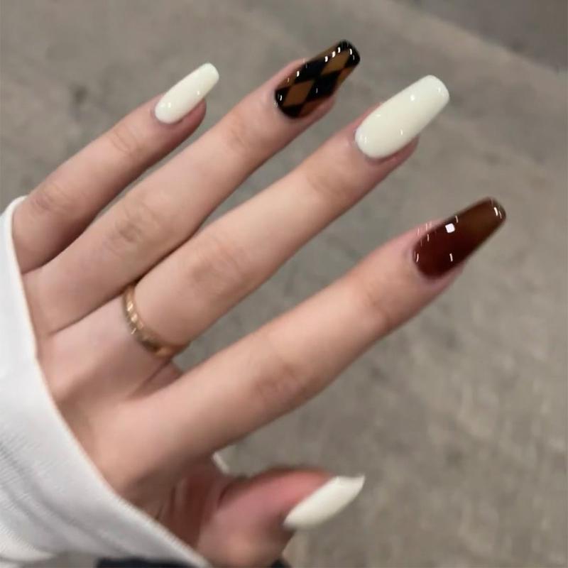 Autumn Elegance Long Length Coffin Shape Press On Nails in Cream and Espresso with Glossy Dual-Tone Finish