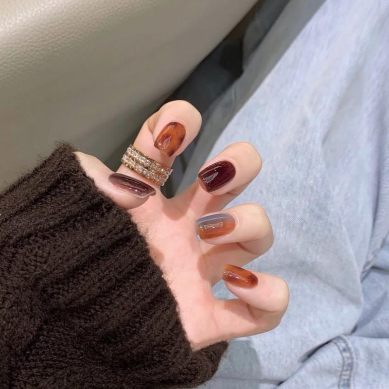 Autumn Elegance Medium Square Burgundy and Gradient Brown Press On Nail Set with Glossy Finish