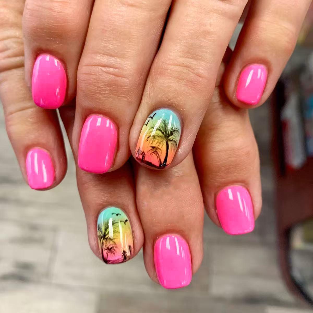 Tropical Paradise Charming Short Square Pink Press On Nail Set with Dreamy Sunset Palm Tree Accent