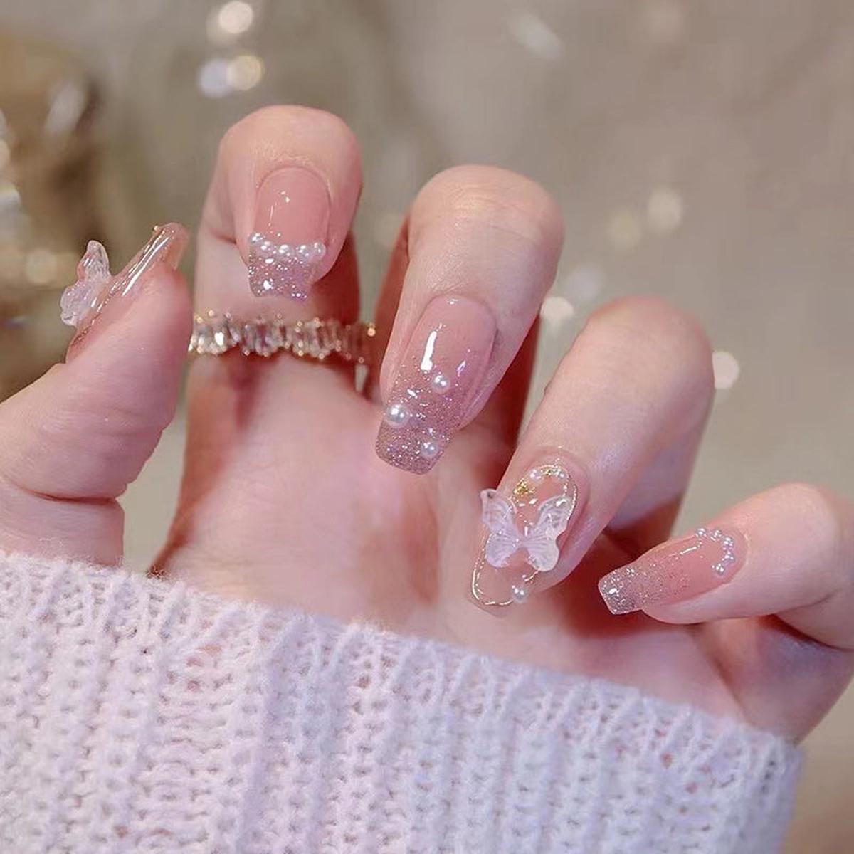 Whimsical Wonders Medium Coffin Pink Glitter with 3D Butterfly Accents Press On Nail Set