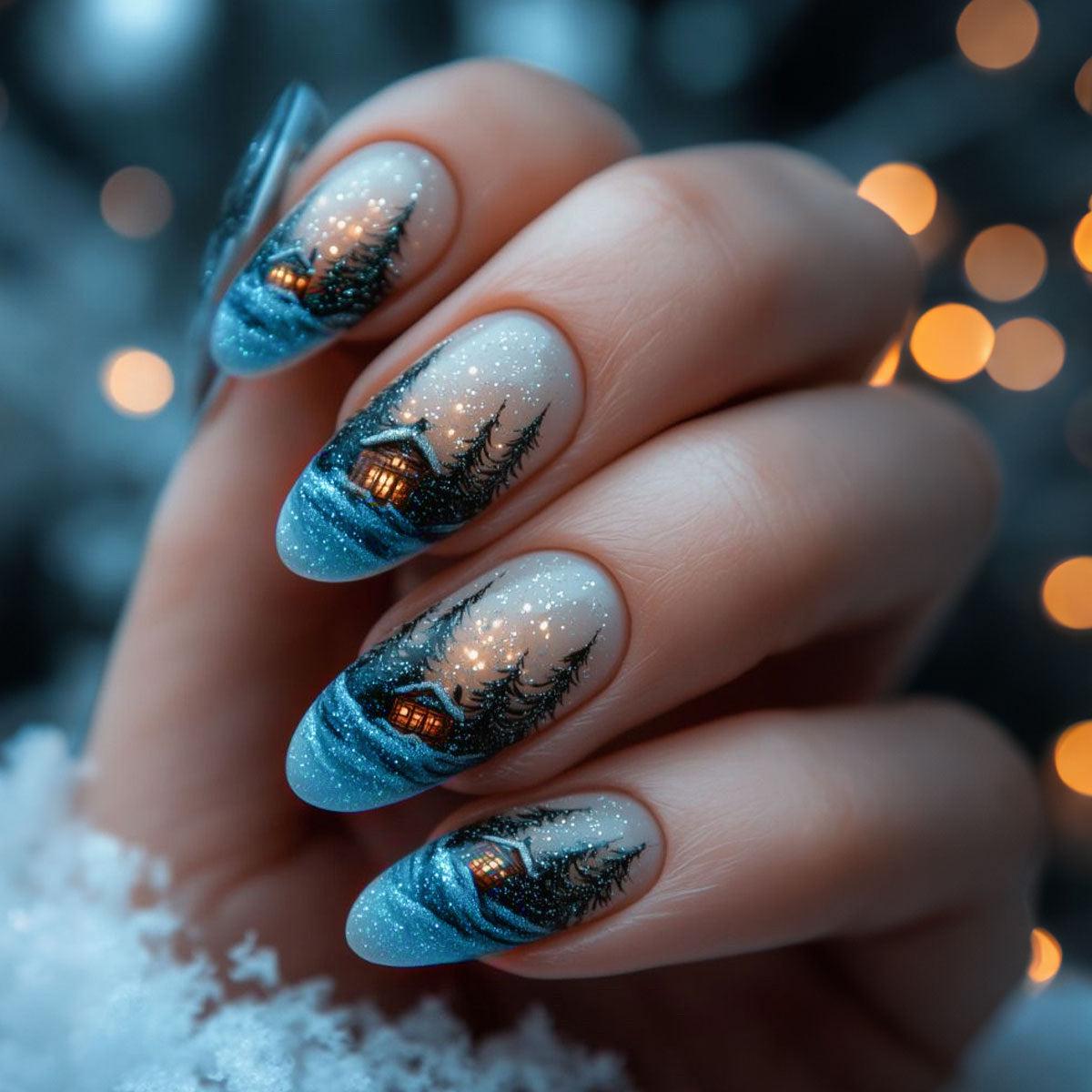 Winter Wonderland Elegant Medium Oval Shaped Blue Ombre Press on Nail Set with Hand-Painted Forest and Cabin Design