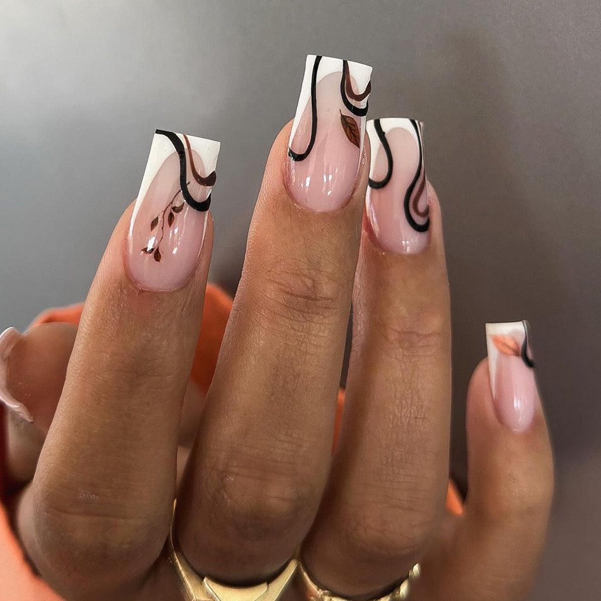 Abstract Swirls Long Square Beige Press-On Nails with Black and Brown Design Accents