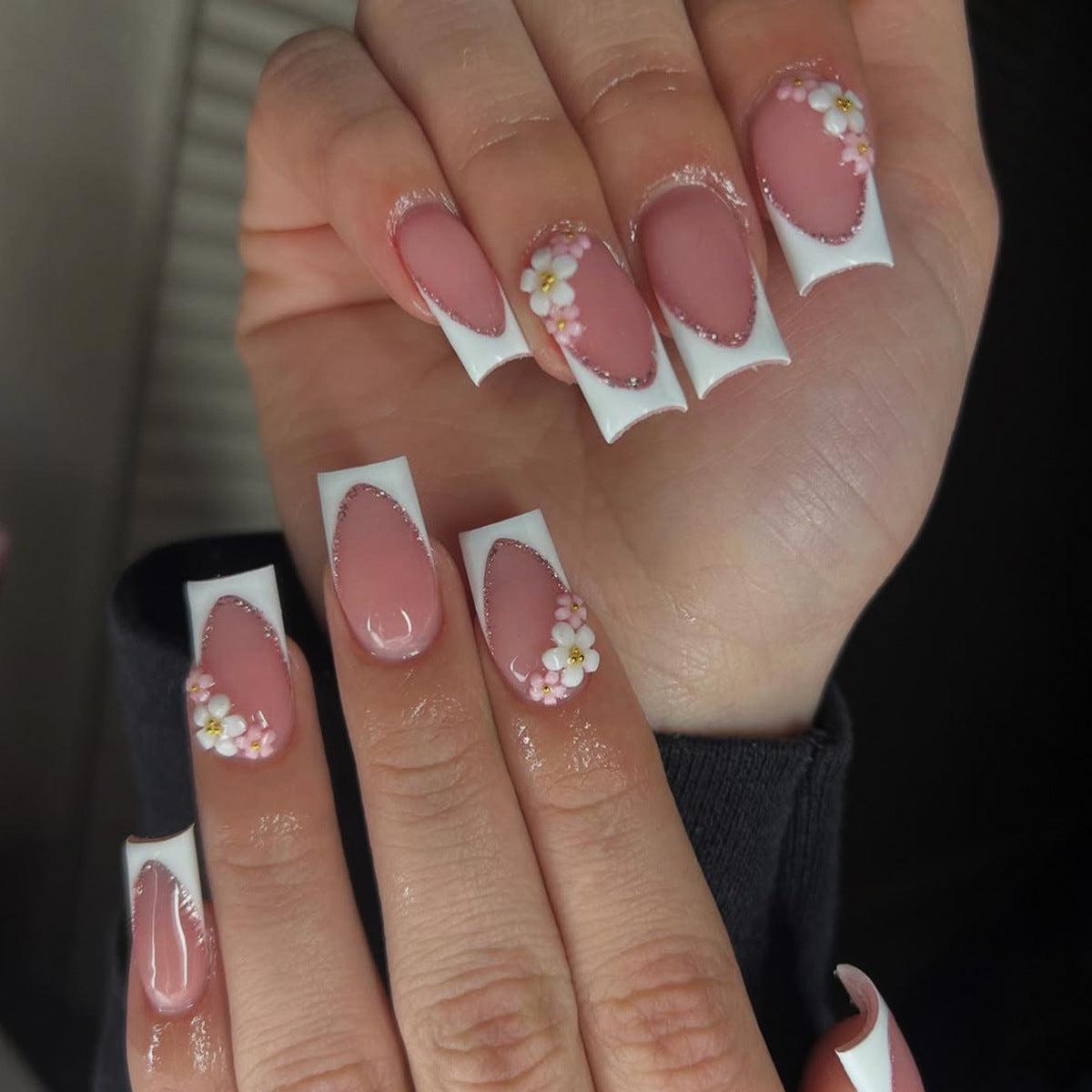 Whimsical Floral Dream Medium Square Shape Soft Pink with Delicate Flower Accents Nail Set