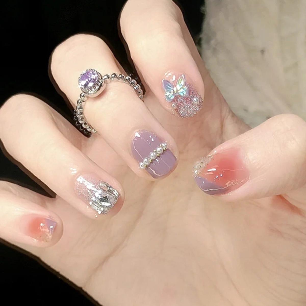 Whimsical Glamour Short Square Lavender Press-On Nail Set with Glitter and Butterfly Accents