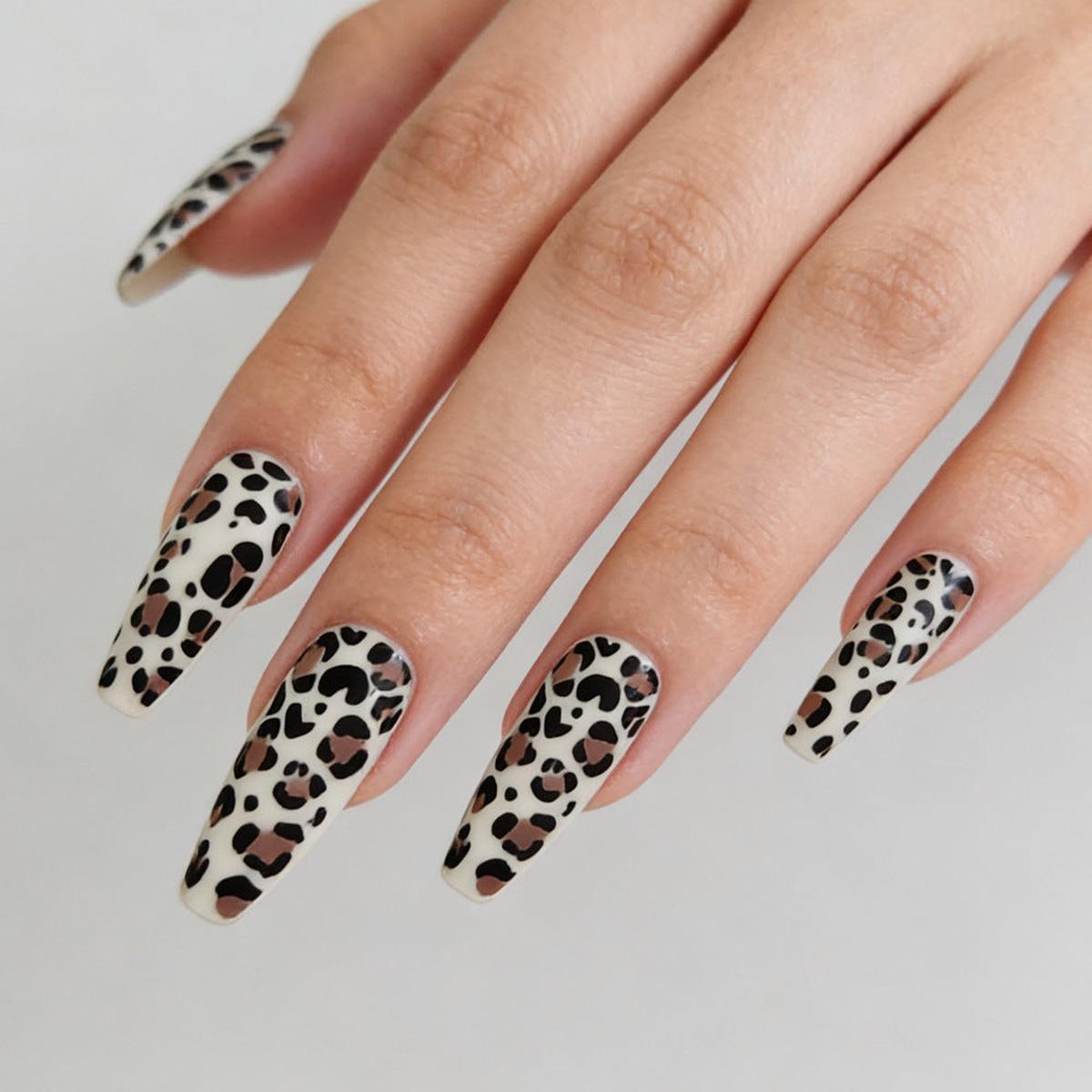 Wild Safari Inspired Long Coffin Black and Beige Leopard Print Press On Nail Set