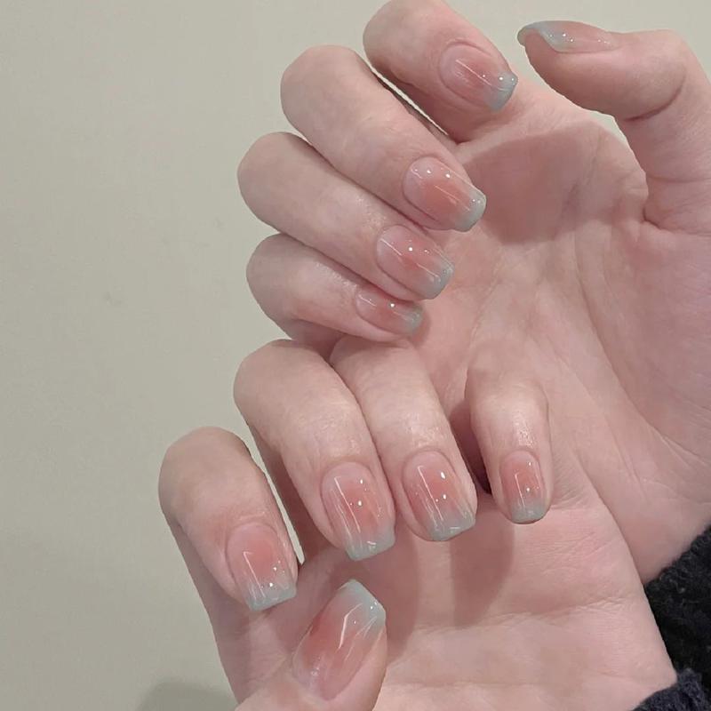 Automatic Short Square Blue Glossy Press On Nails