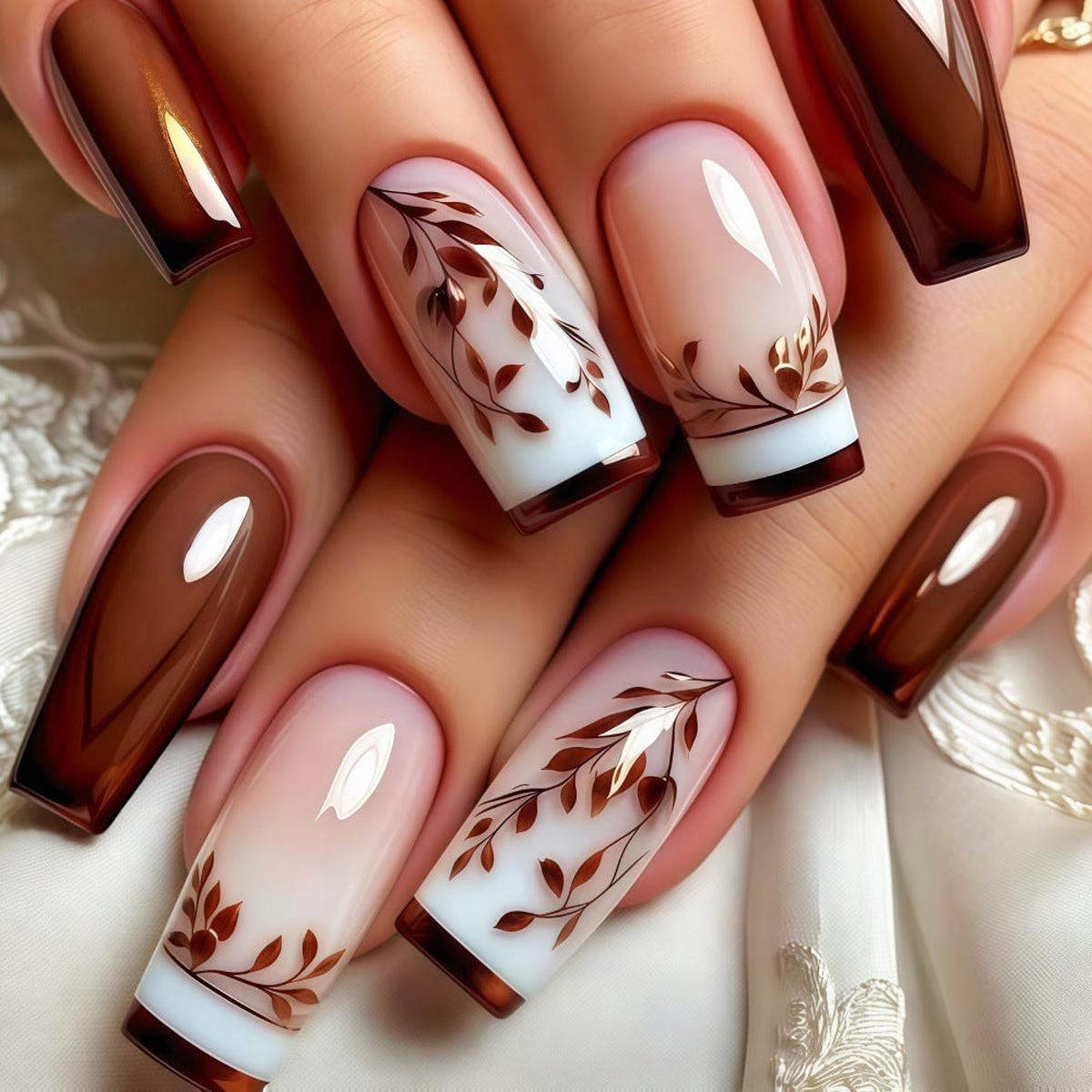 Autumn Elegance Long Square Ombre Brown with Delicate Leaf Accents Press-On Nail Set