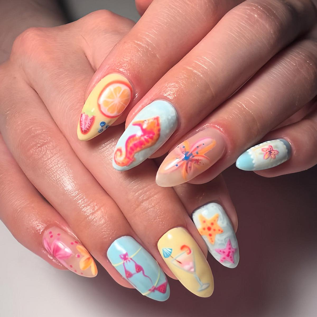 Tropical Paradise Long Almond Press On Nail Set in Pastel Colors with Fun Summer Designs