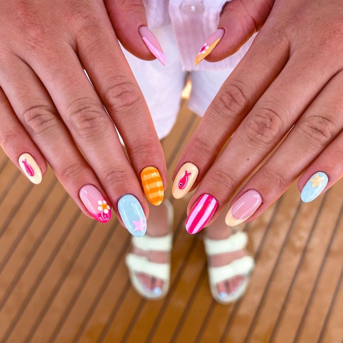 Tropical Vibes Colorful Medium Oval Press On Nail Set with Whimsical Summer Designs