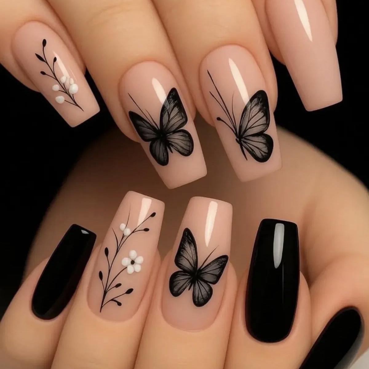 Whimsical Butterfly Garden Long Square Beige with Black Accents and Floral Design Press On Nail Set
