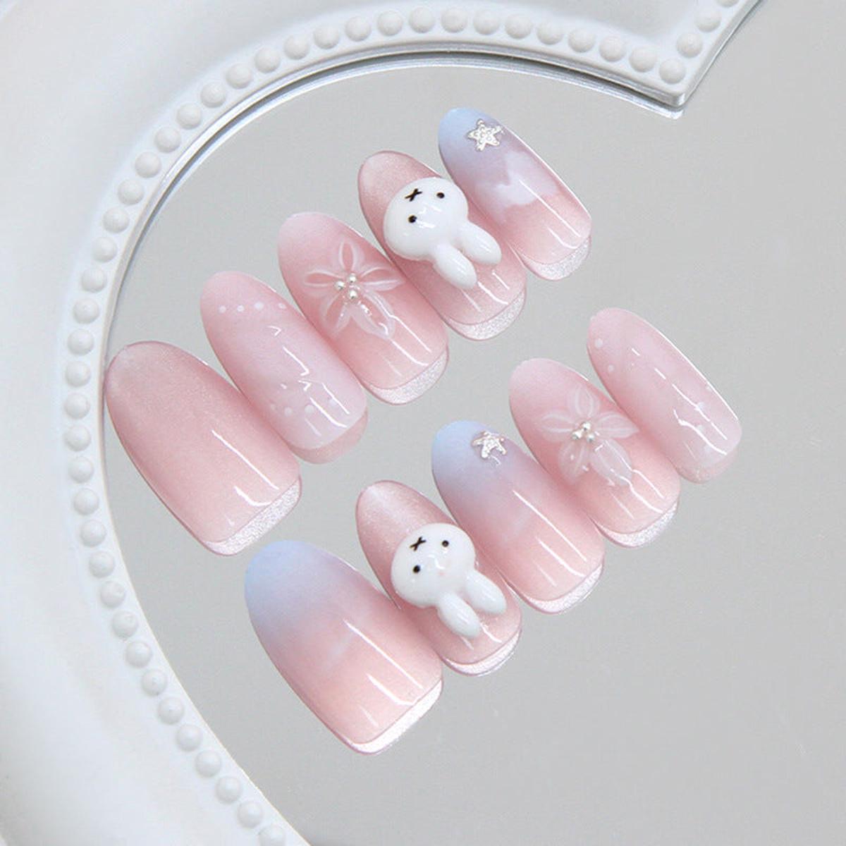 Whimsical Dreamy Long Oval Shaped Soft Pink Gradient Set with Adorable Bunny Accent