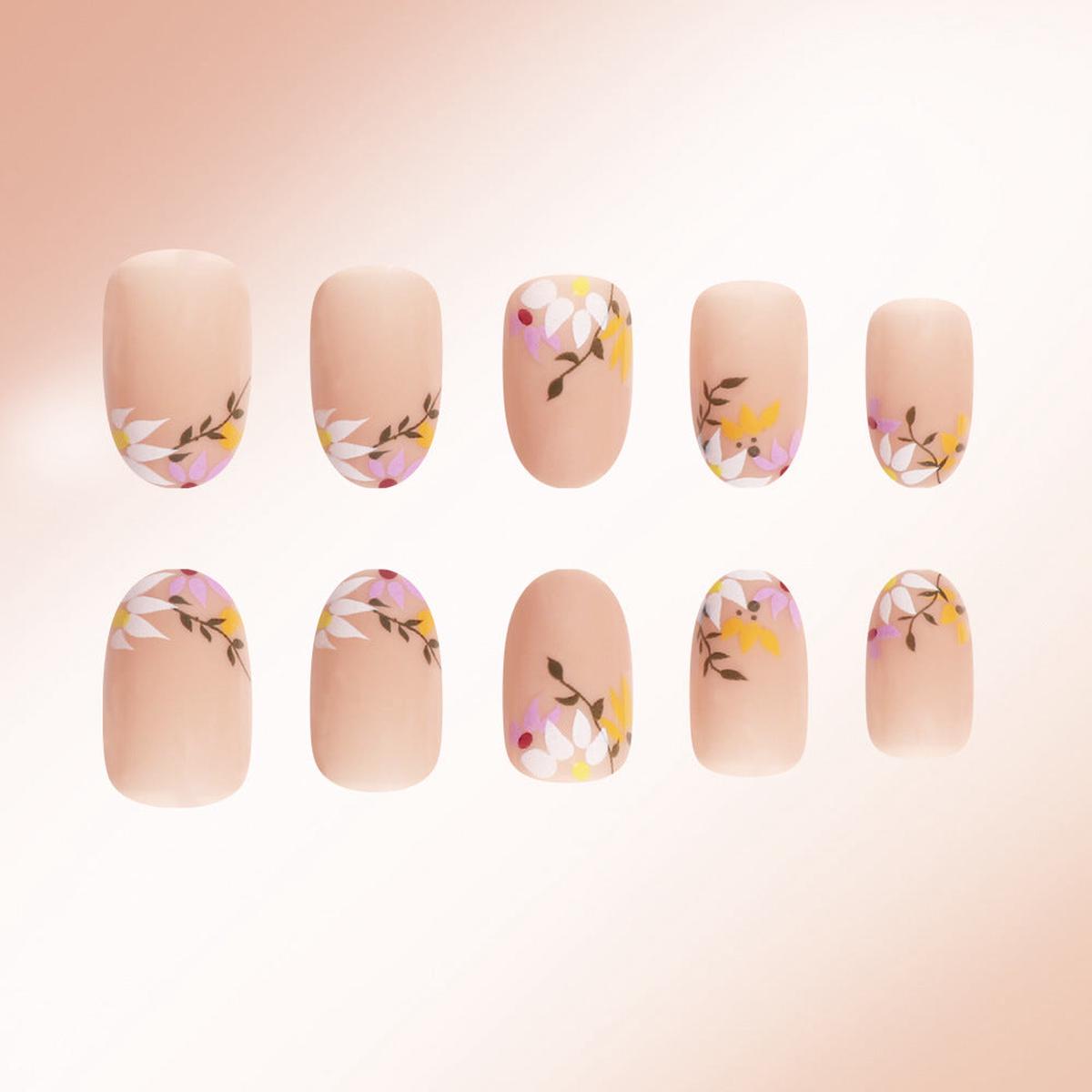 Whimsical Floral Charm Short Oval Soft Pink Matte Press On Nail Set with Delicate Hand-Painted Design